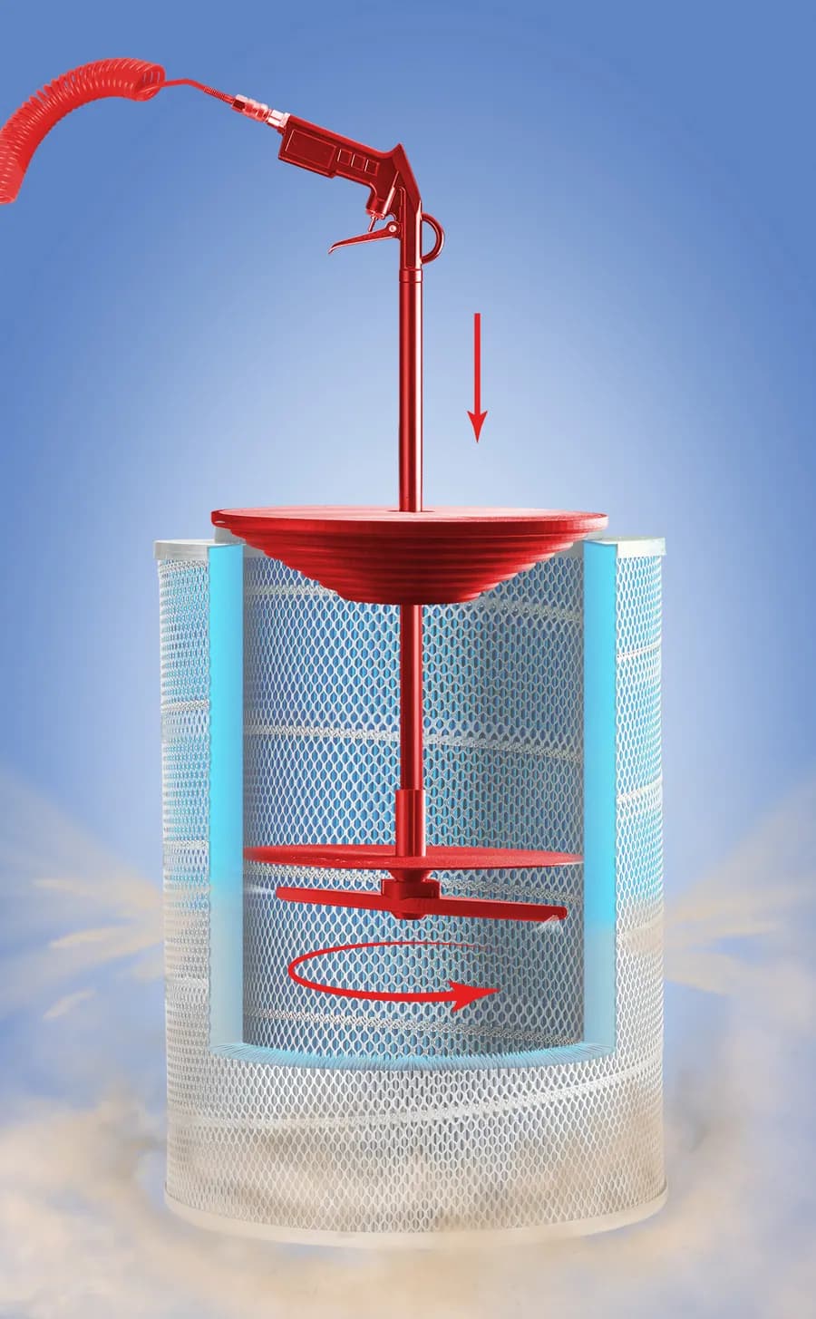 Diagram: rotor inside cylindrical filter, cone restrictor and flow direction