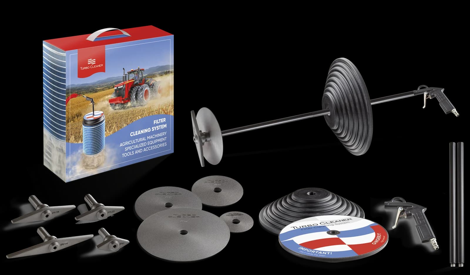 Complete Turbo Cleaner kit: rotors, cone restrictor, pneumatic gun, extension rod and packaging